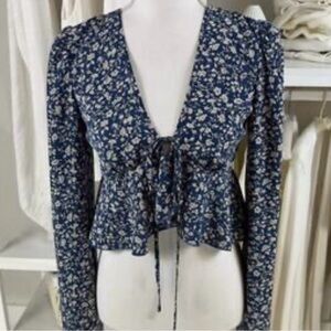 SHEIN Blue Tie Front Long Sleeve Blouse